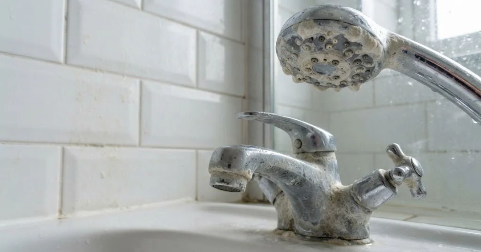 Hard water mineral scale on a bathroom faucet