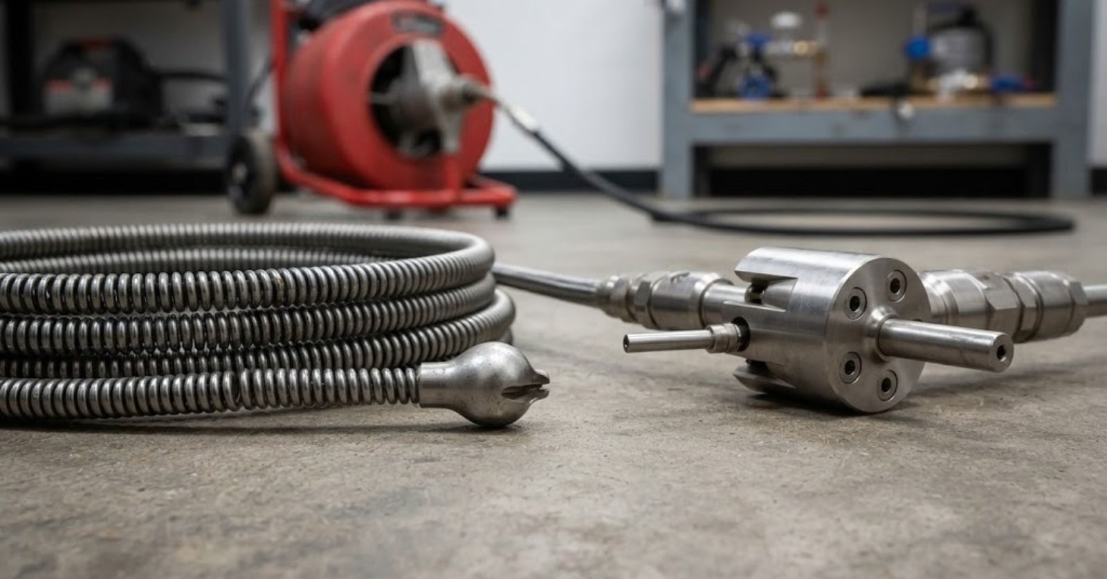 Drain snake and hydro jetting nozzle side by side