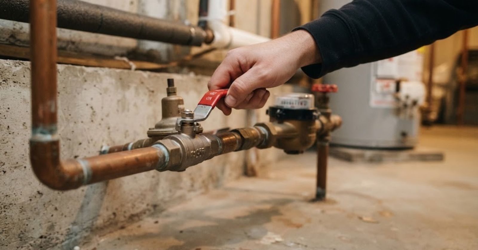 Homeowner turning off the main water shutoff valve
