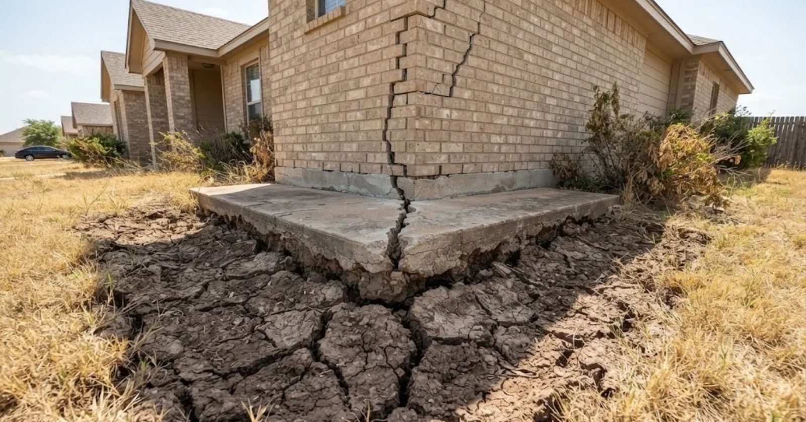 Cracked clay soil next to a home foundation in Texas