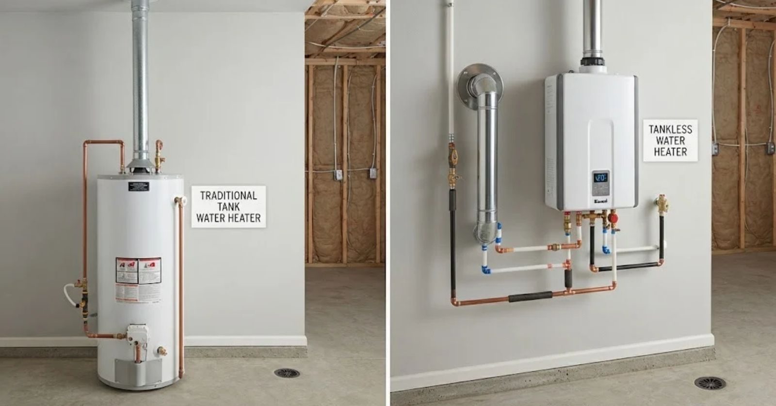 Tank and tankless water heaters compared side by side