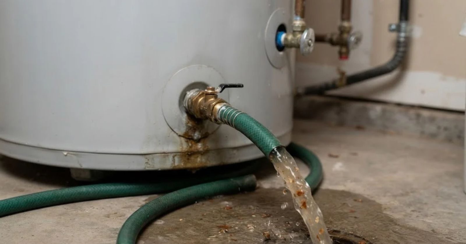 Hose connected to a water heater drain valve for flushing