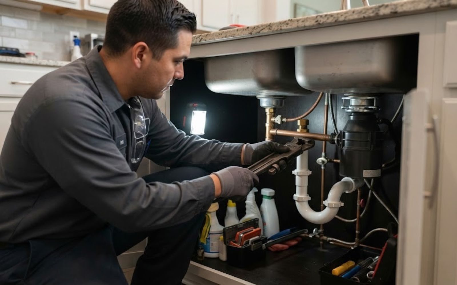 Licensed plumber repairing a pipe under a kitchen sink in a Pflugerville home