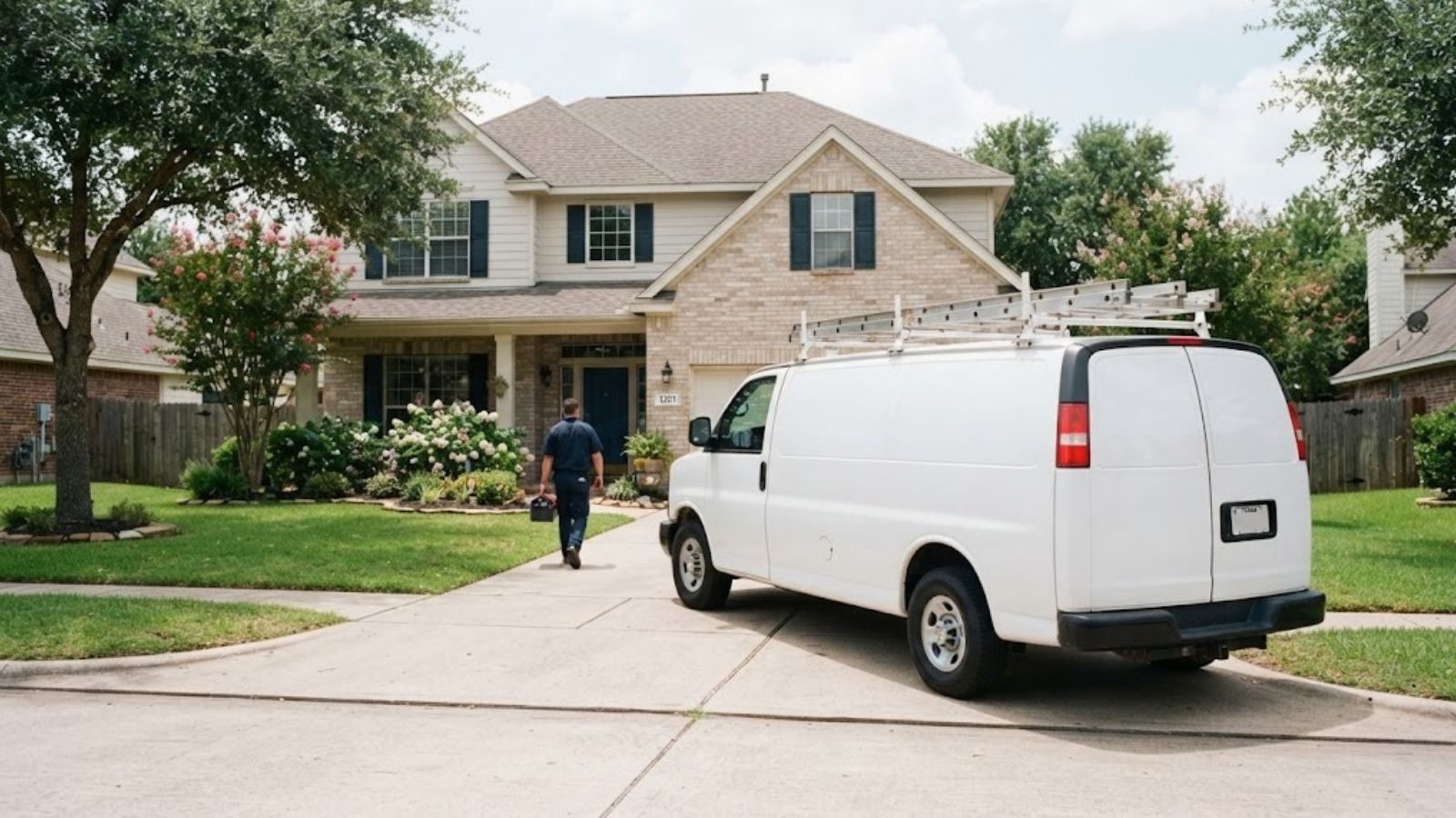 Plumbing service truck arriving at a Pflugerville home for an emergency call