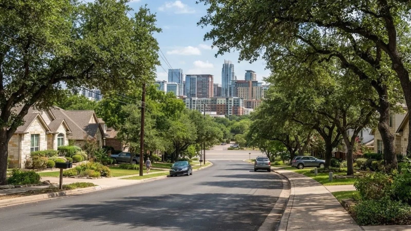 Tree-lined Milwood neighborhood street in North Austin