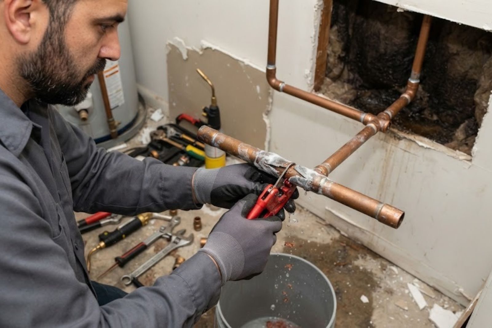 Plumber repairing a burst pipe inside a home