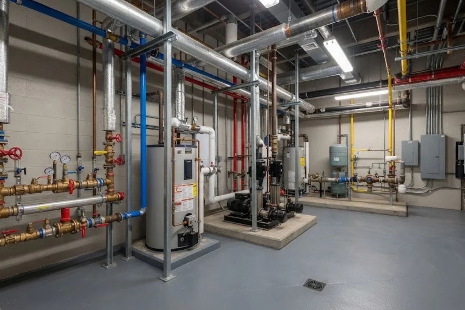 Commercial plumbing pipes and valves in a mechanical room