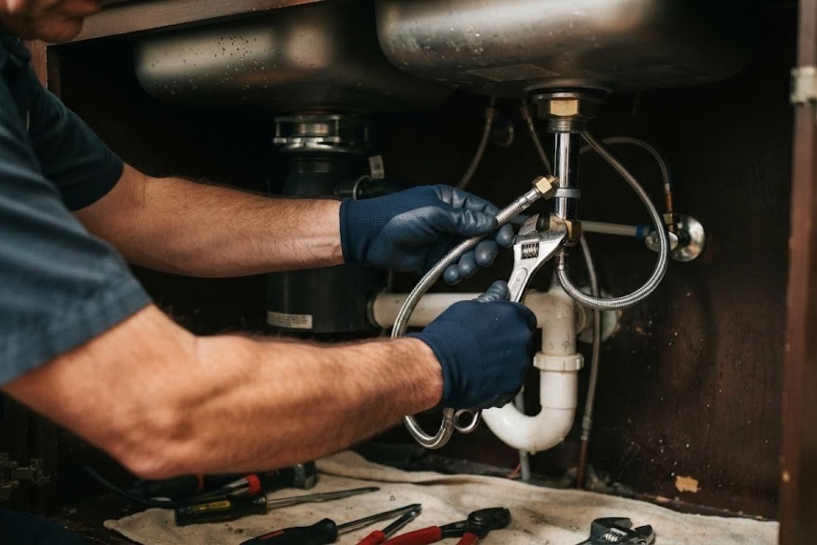 Plumber repairing a leaking kitchen faucet