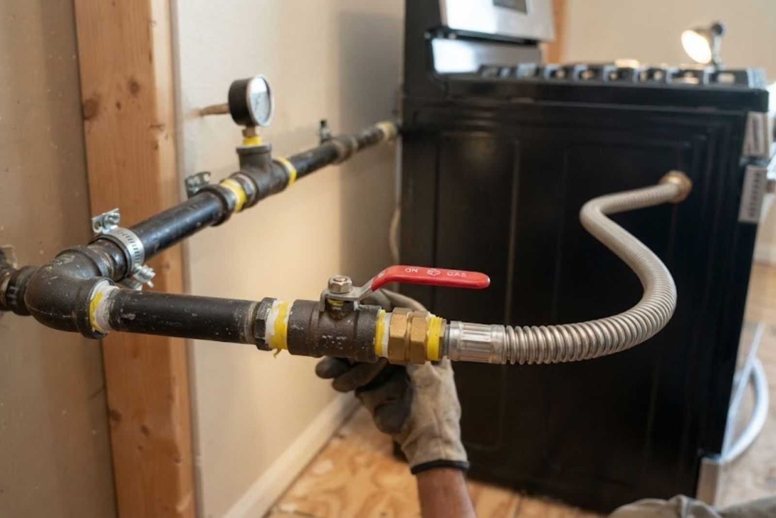 Gas line and shutoff valve installed for a home appliance