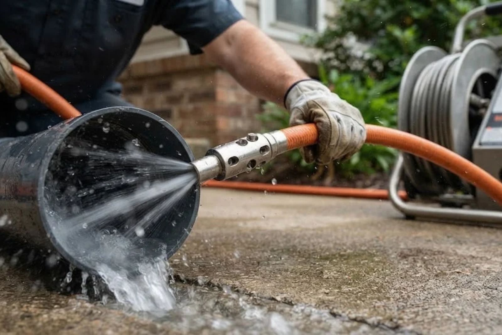 Hydro jetting equipment clearing a sewer drain line