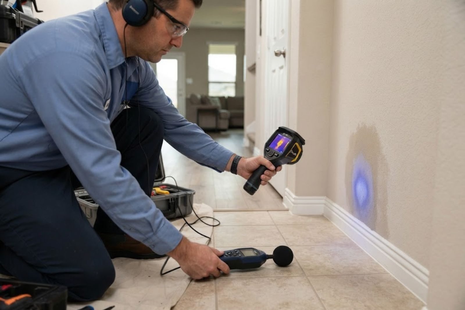 Technician using electronic equipment for water leak detection