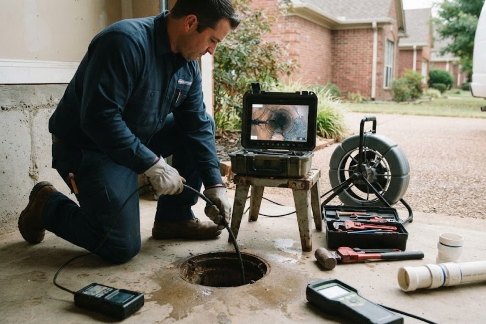Plumber inspecting a residential sewer line with a camera