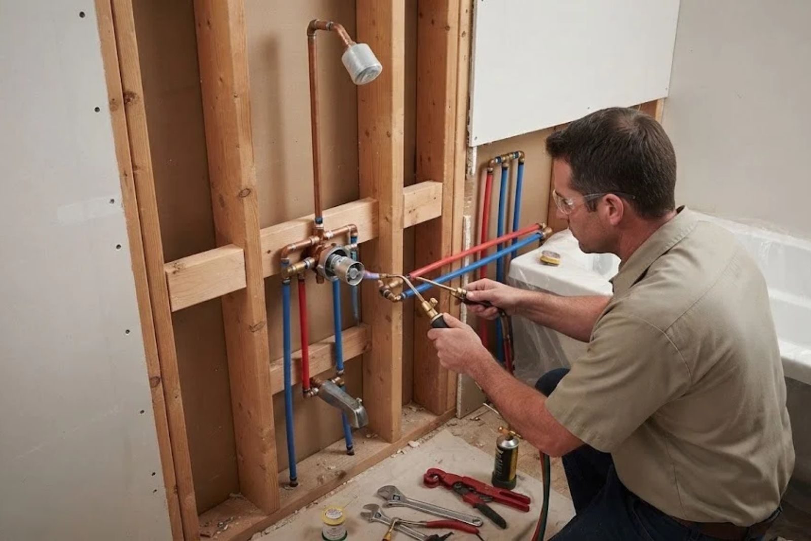 New shower valve and plumbing during a bathroom install