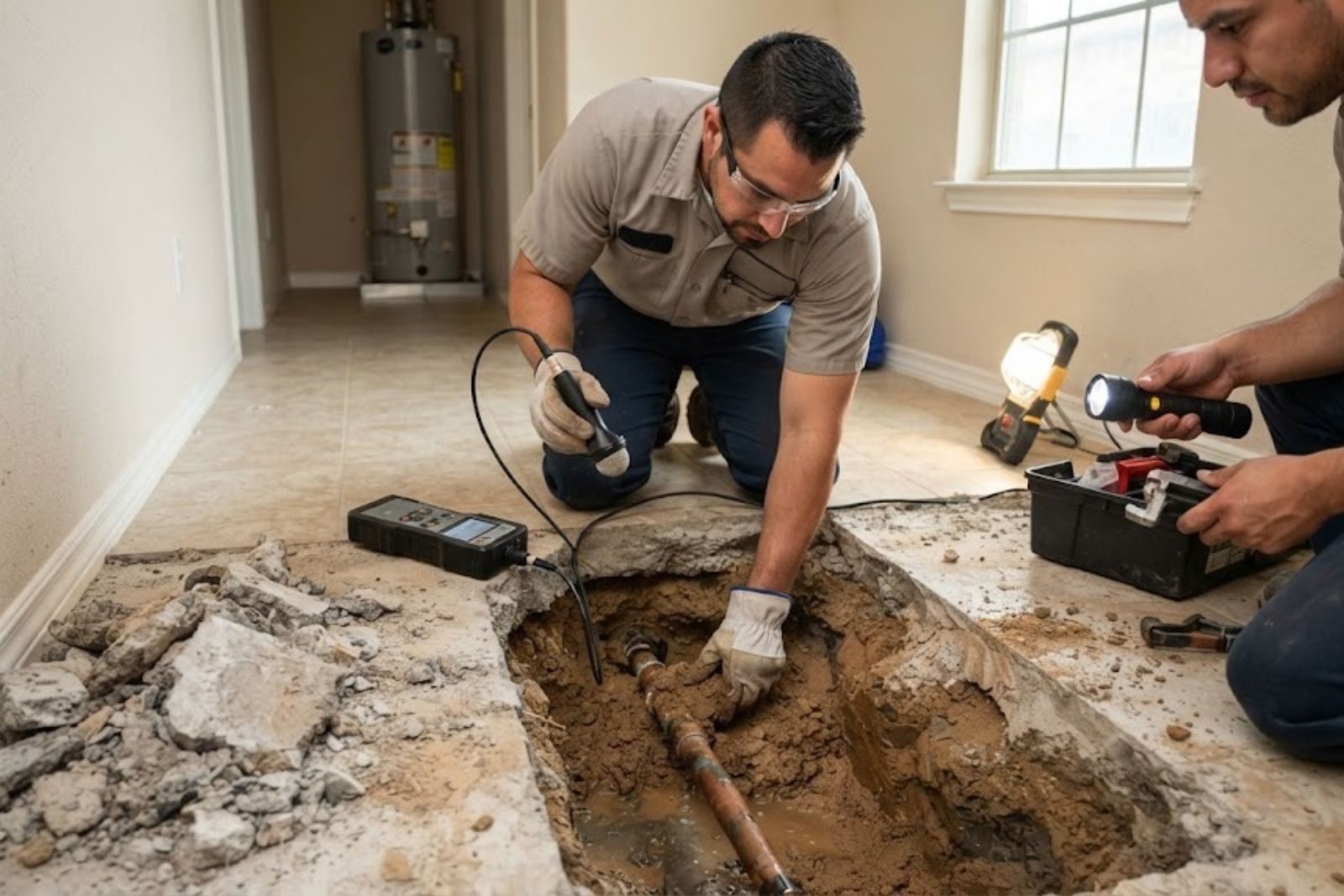 Technician locating a slab leak under a concrete foundation