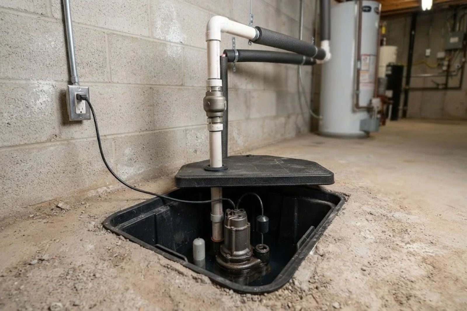 Sump pump installed in a basin with discharge line