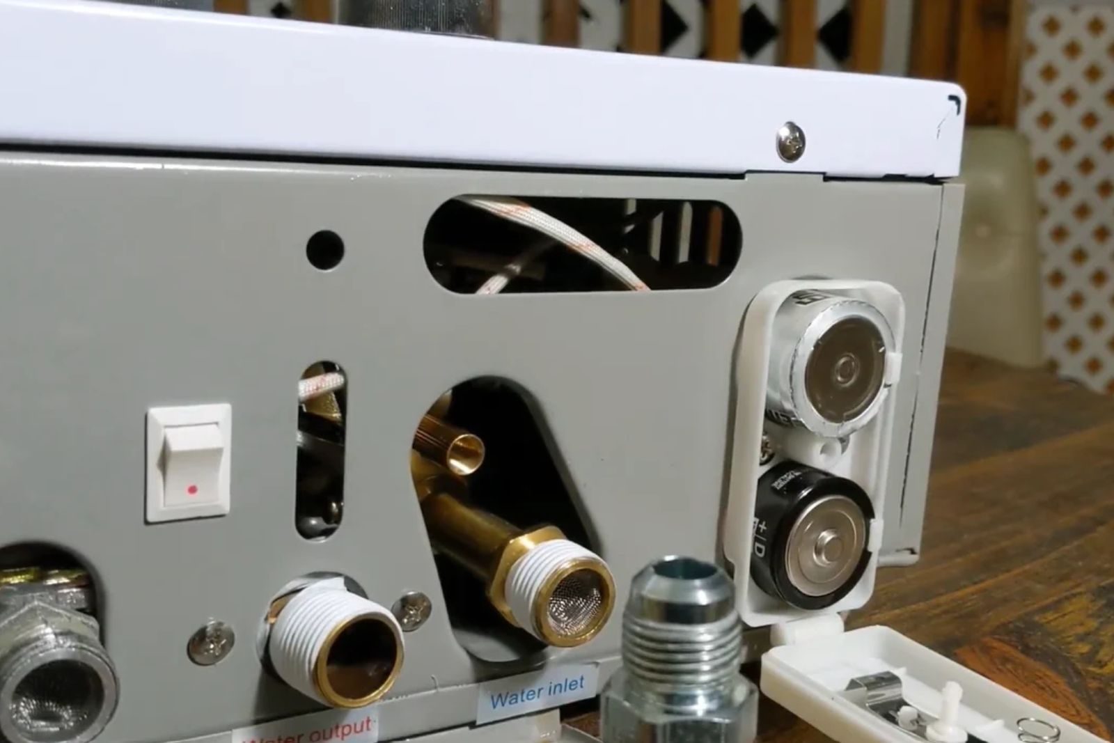 Tankless water heater mounted on a home wall