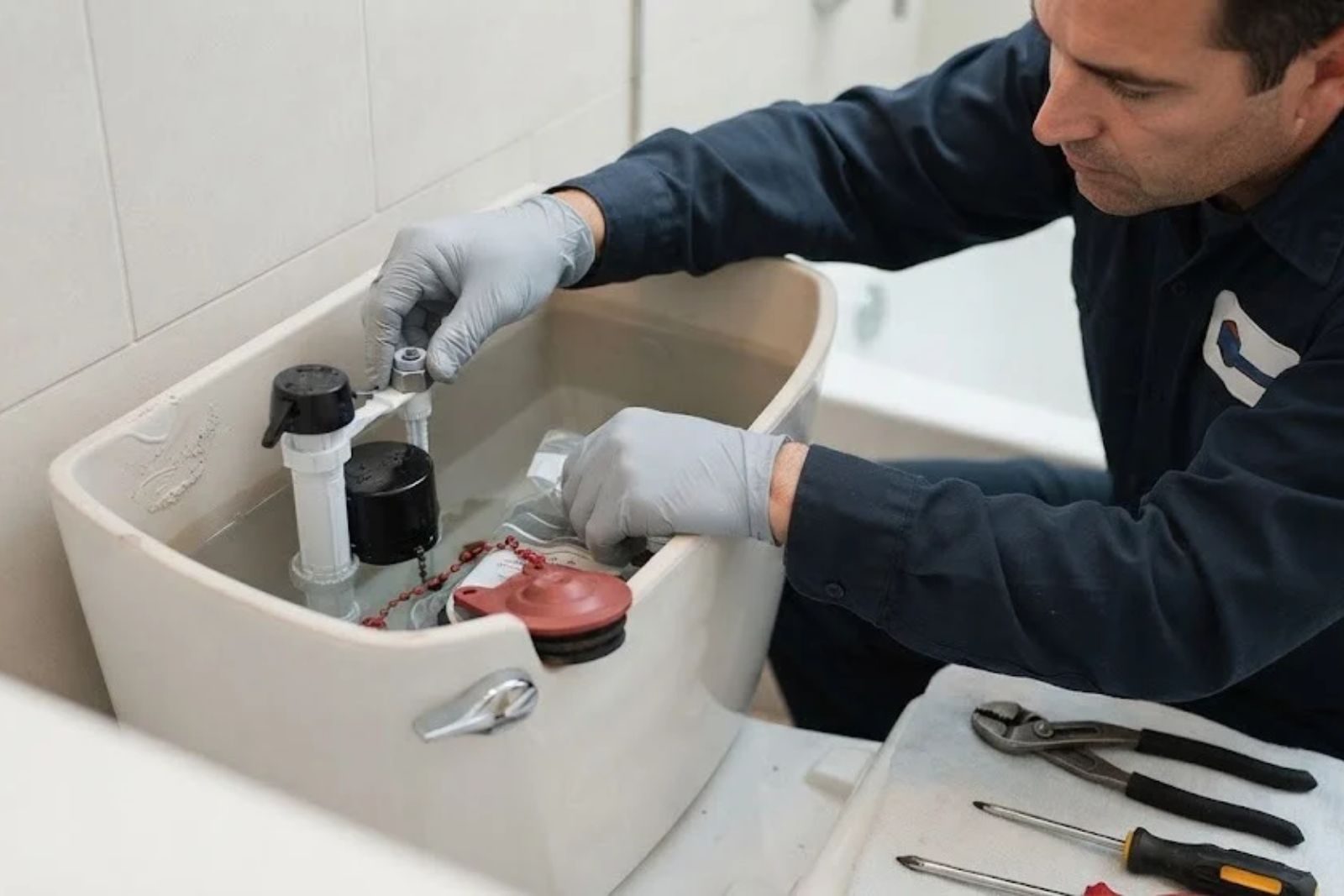 Plumber repairing the fill valve inside a toilet tank
