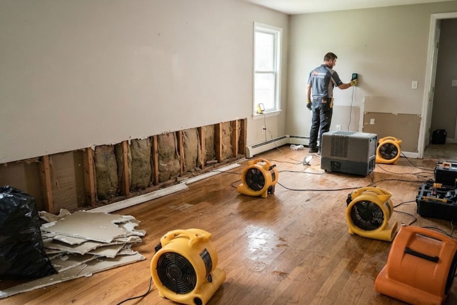 Drying equipment set up for water damage restoration in a home