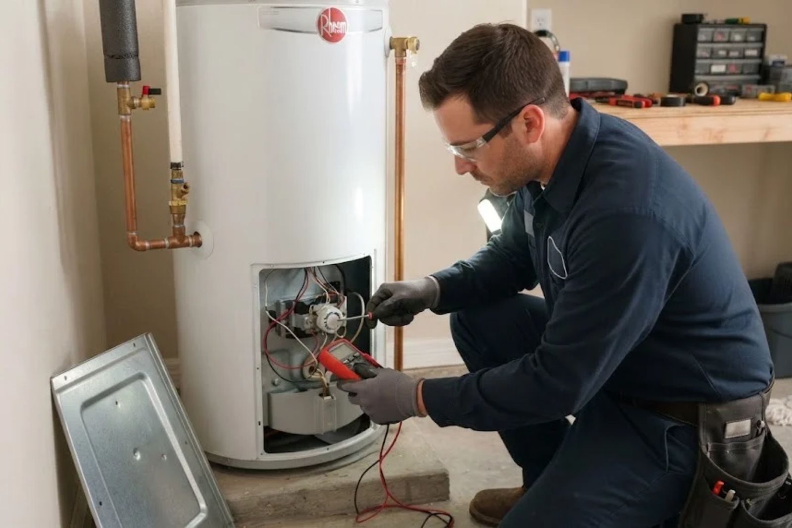 Plumber repairing a residential tank water heater