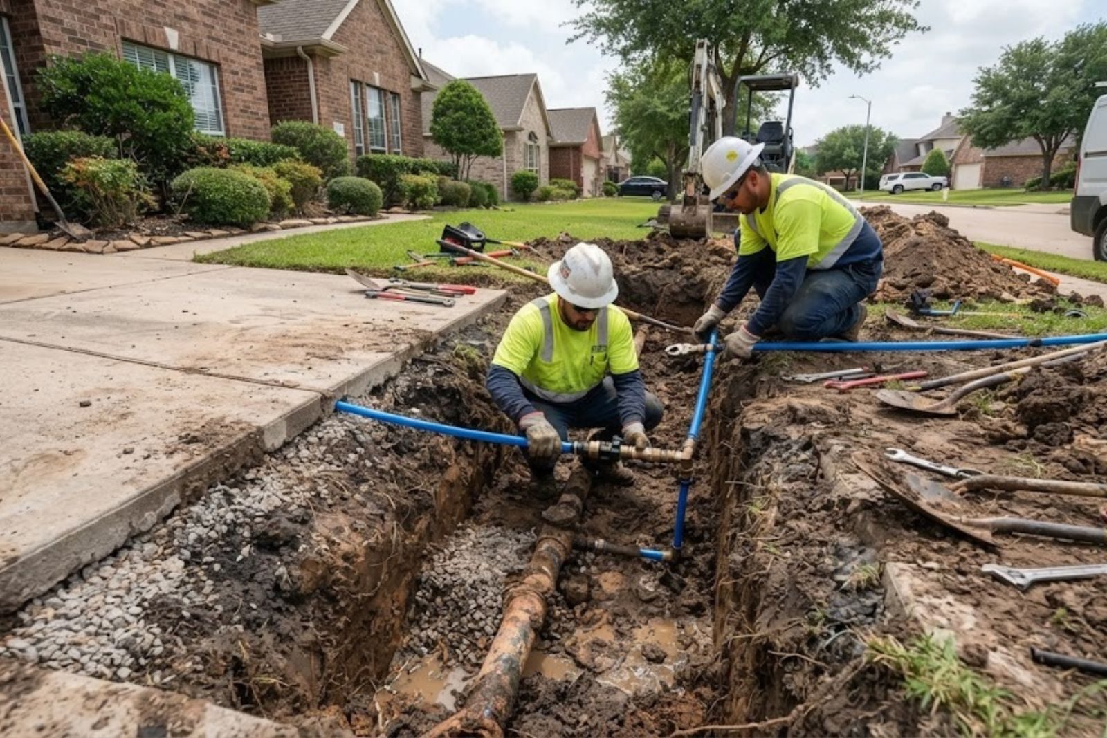 Technician repairing a residential main water line in a trench
