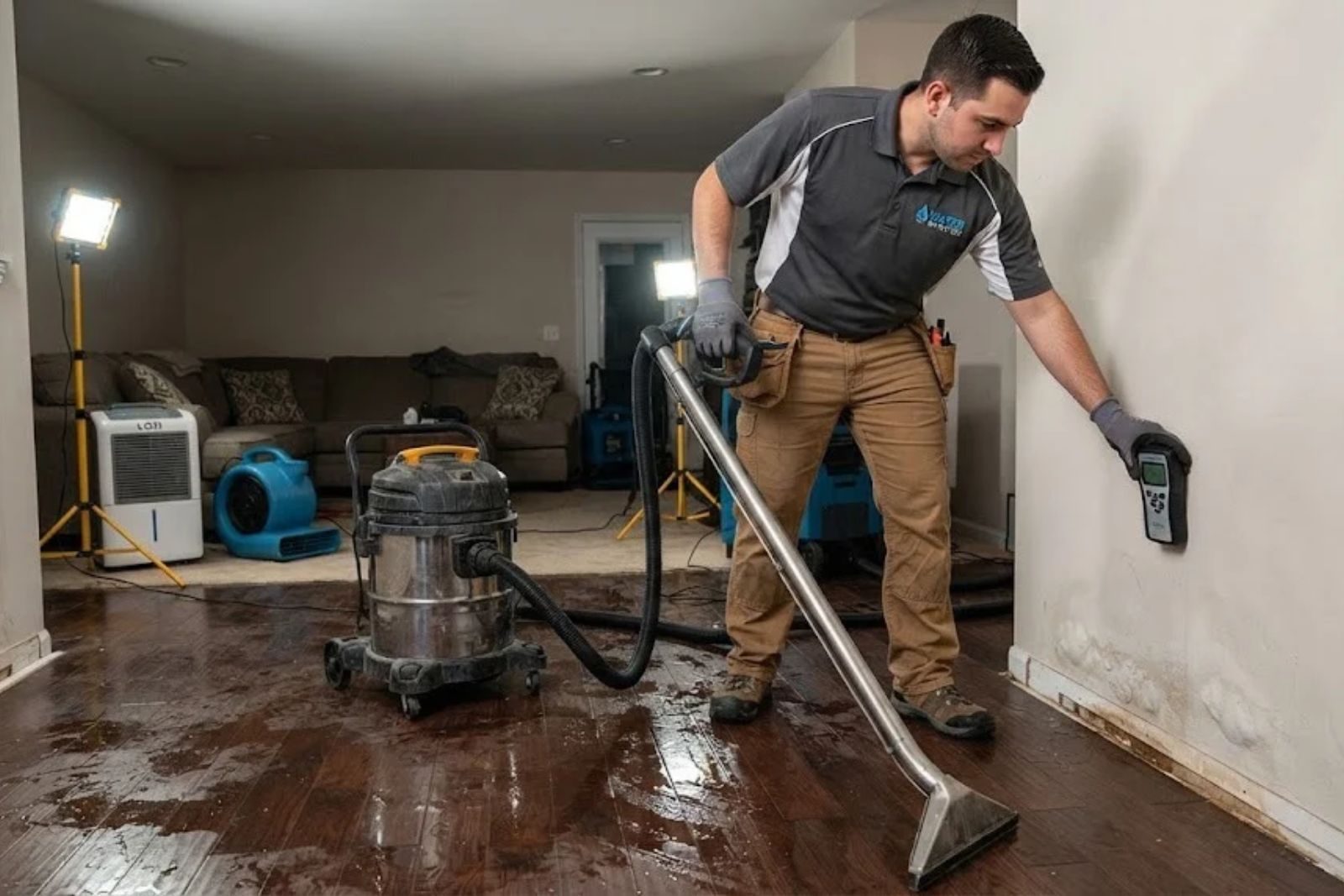 Technician extracting standing water during water mitigation